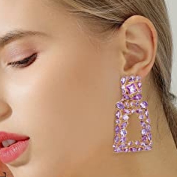 NWT Purple Rectangle Geometric Glass Statement Drop Earrings - Picture 6 of 6